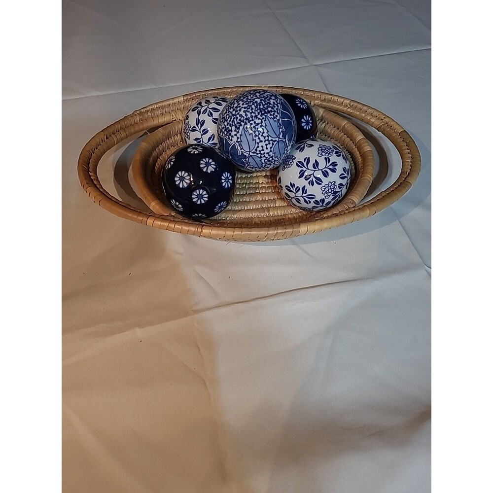 5 Porcelain Decorative Balls With Hand Woven Sweethrass Basket
